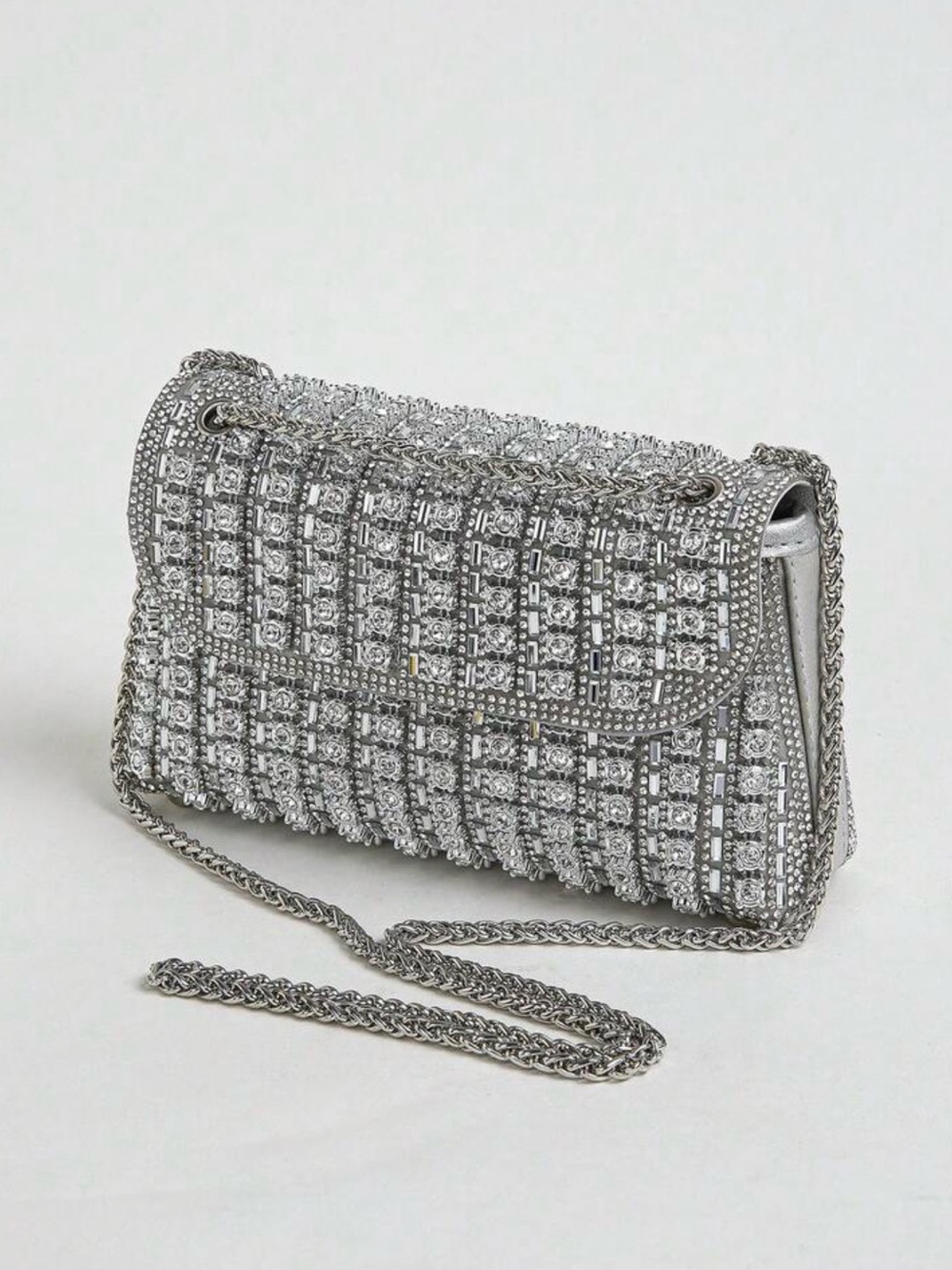 Rhinestone Mesh Evening Clutch with Chain Strap - Silver